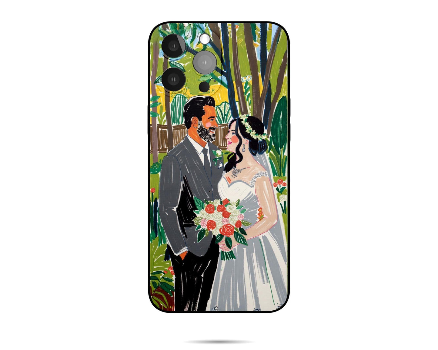 A custom wedding portrait iPhone case featuring an illustration of a bride and groom in a forest, creating a unique and sentimental keepsake.