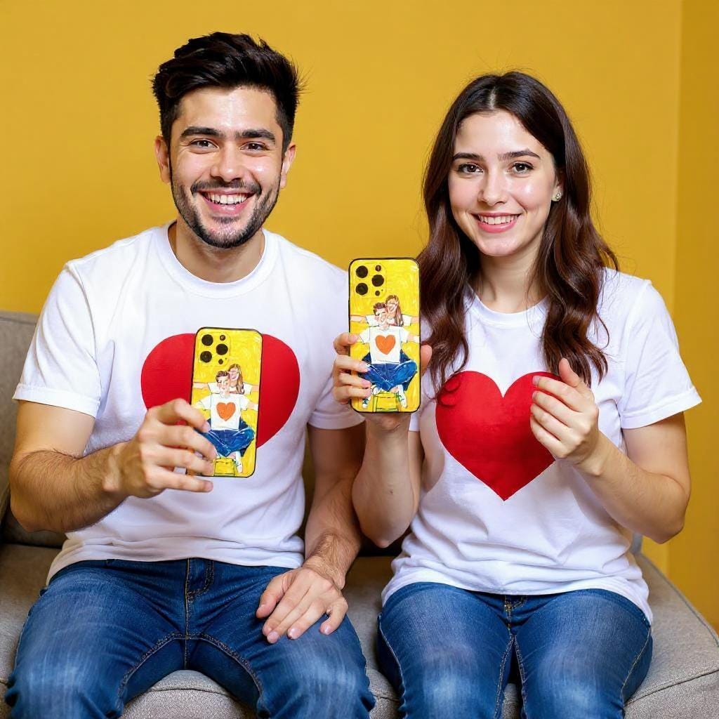 A couple holding custom wedding portrait iPhone cases featuring an illustration of their family, creating a personalized and heartwarming accessory.