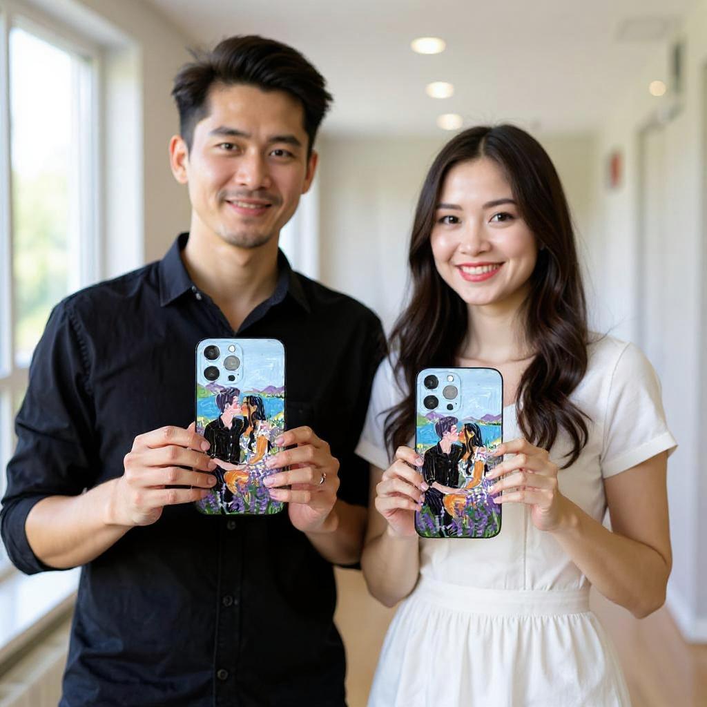 A couple holding custom wedding portrait iPhone cases featuring an illustration of themselves in a lavender field, creating a romantic and artistic accessory.