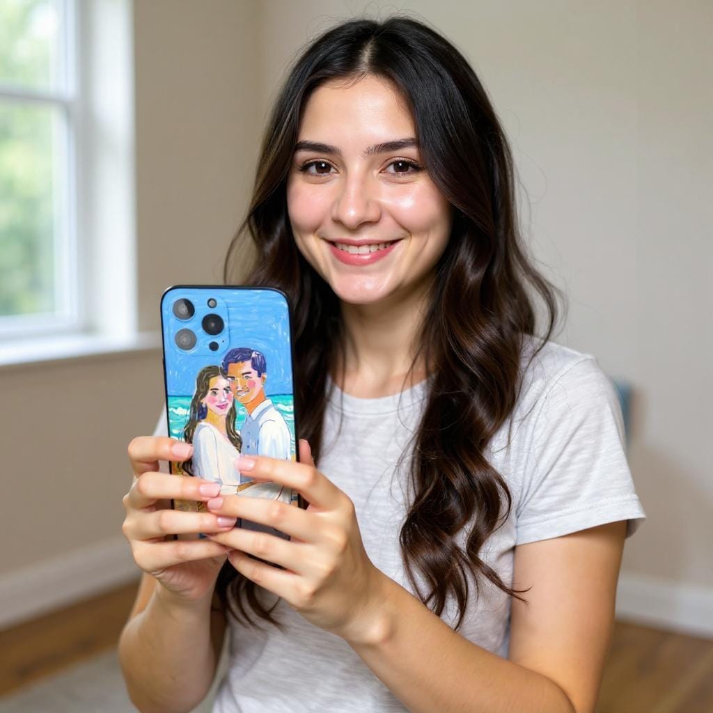 A woman holding a custom wedding portrait iPhone case featuring an illustration of herself and her partner by the sea, creating a unique and sentimental keepsake.