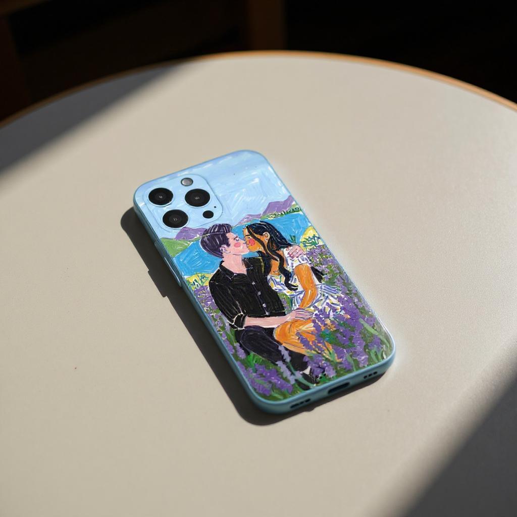 A custom wedding portrait iPhone case featuring an illustration of a couple embracing in a lavender field, creating a romantic and artistic accessory.