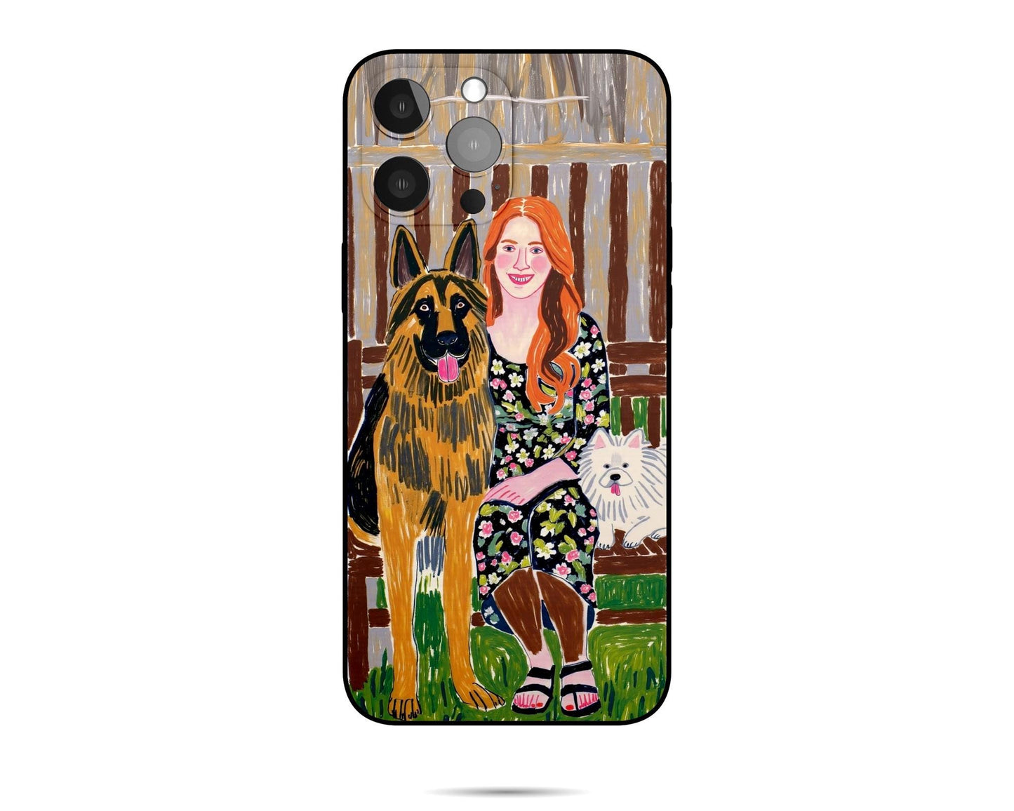 A custom - painted phone case with a German Shepherd and a red - haired woman on a bench. Whimsical style, soft fabric, great pet - lover gift.