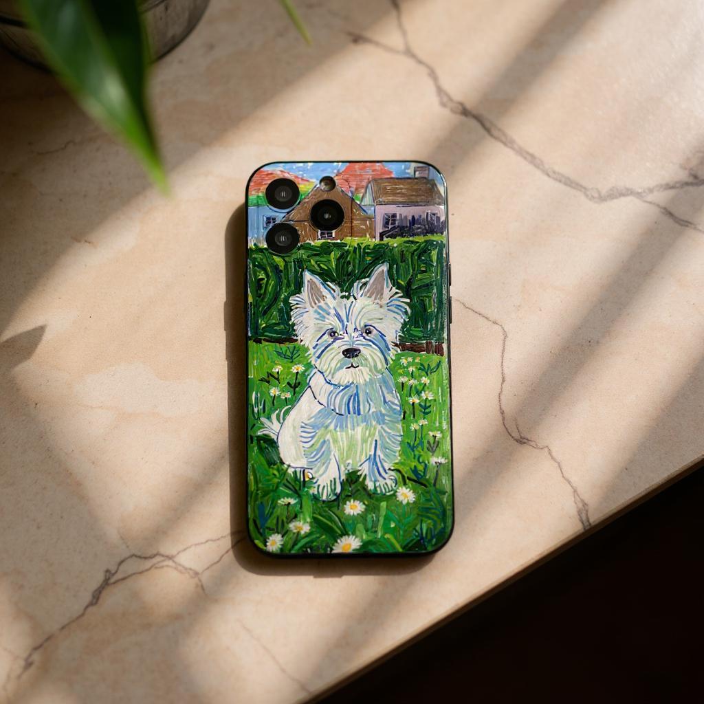 A custom pet portrait iPhone case featuring a charming illustration of a West Highland White Terrier sitting in a field of daisies, creating a unique and personalized accessory.