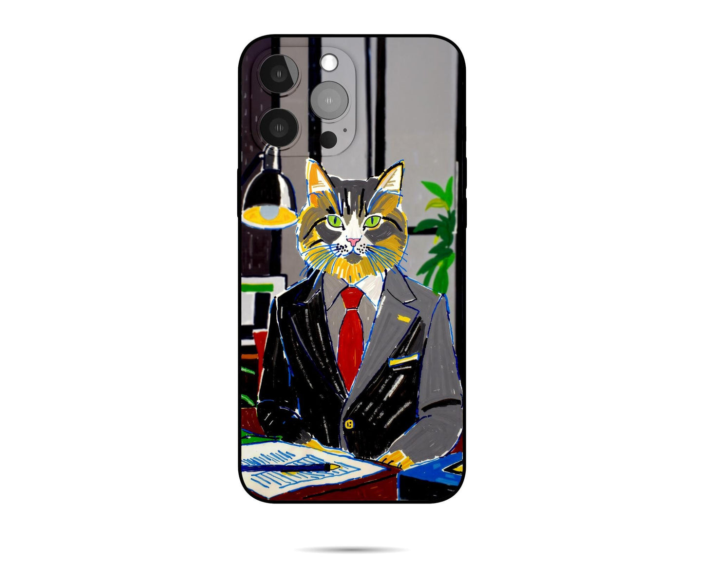 A custom pet portrait iPhone case featuring a calico cat dressed in a business suit with a red tie, sitting at a desk with papers and a lamp.