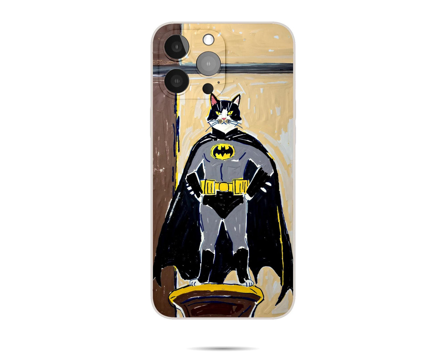A custom pet portrait iPhone case depicting a black and white cat dressed as Batman, standing on a pedestal with hands on hips and a determined expression.
