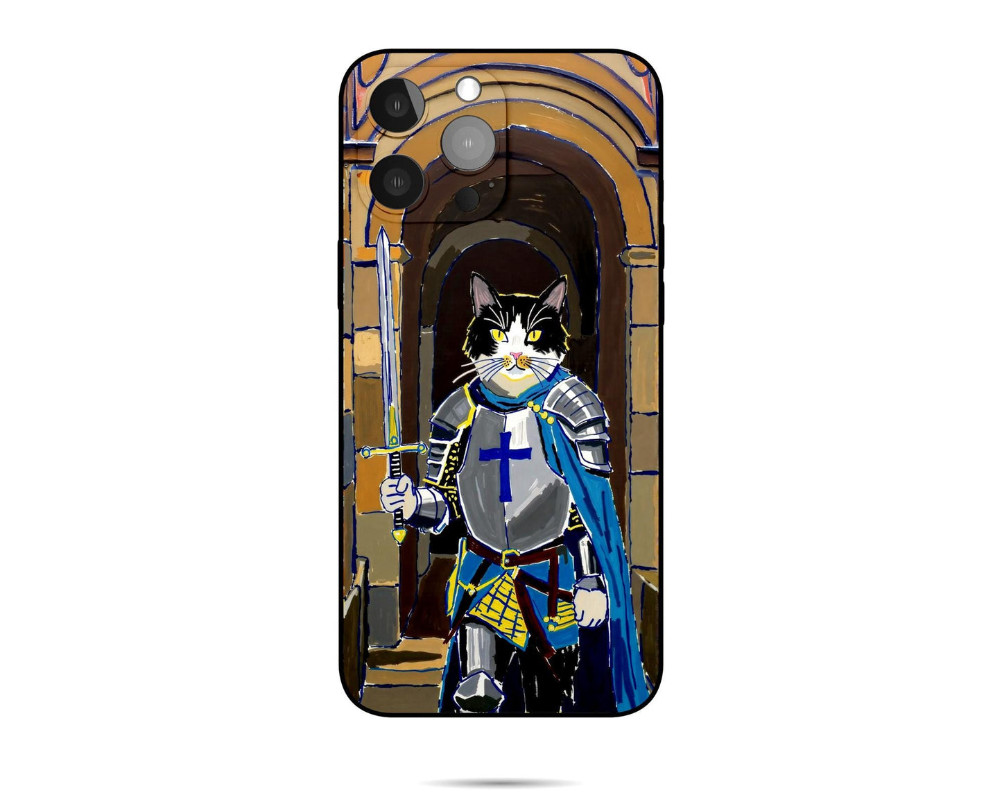 A custom pet portrait iPhone case showcasing a black and white cat dressed as a knight in shining armor, complete with a sword and blue cape, standing in an arched doorway.