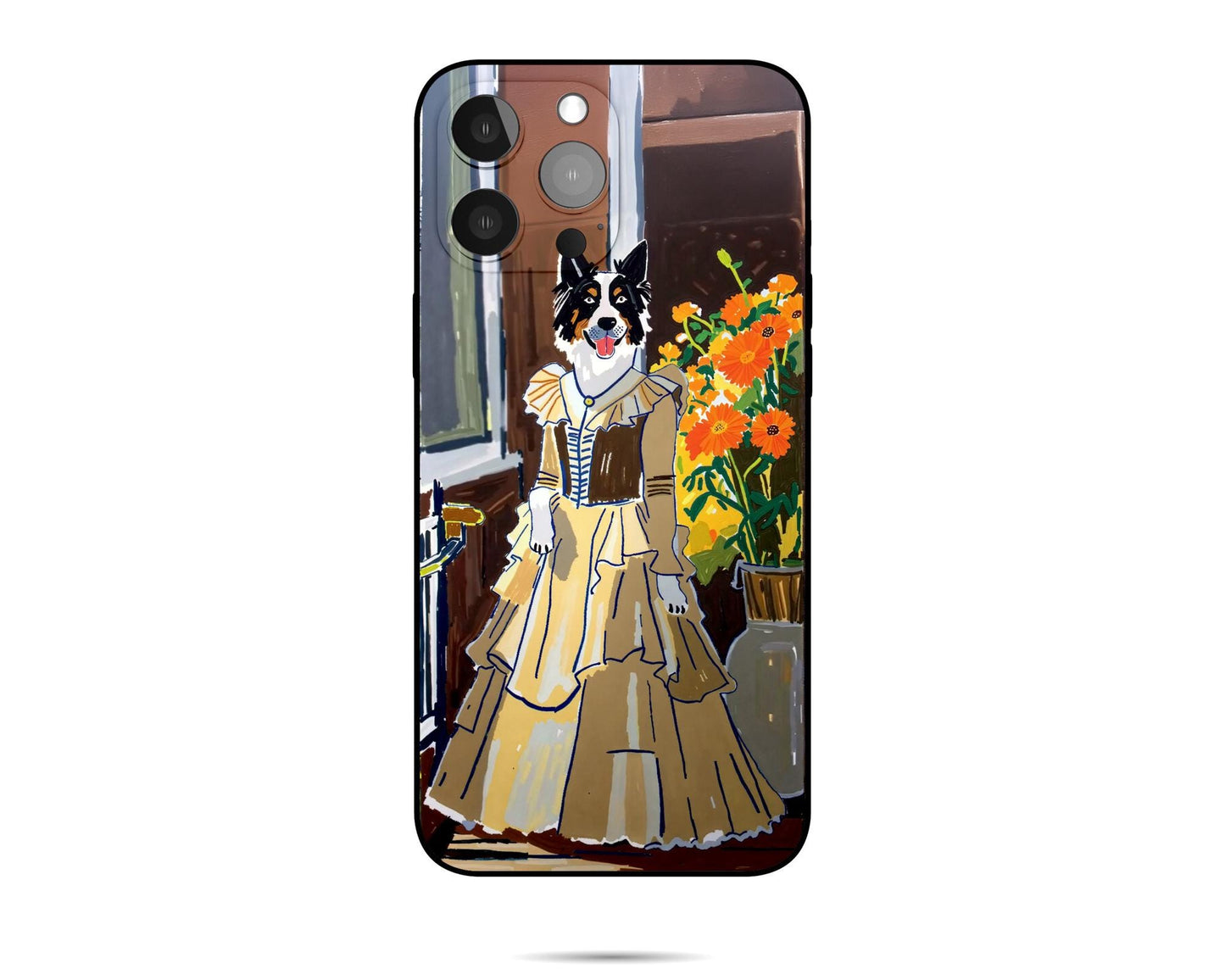 A custom pet portrait iPhone case featuring a Border Collie dressed in a vintage yellow gown, standing in front of a window with a vase of orange flowers.