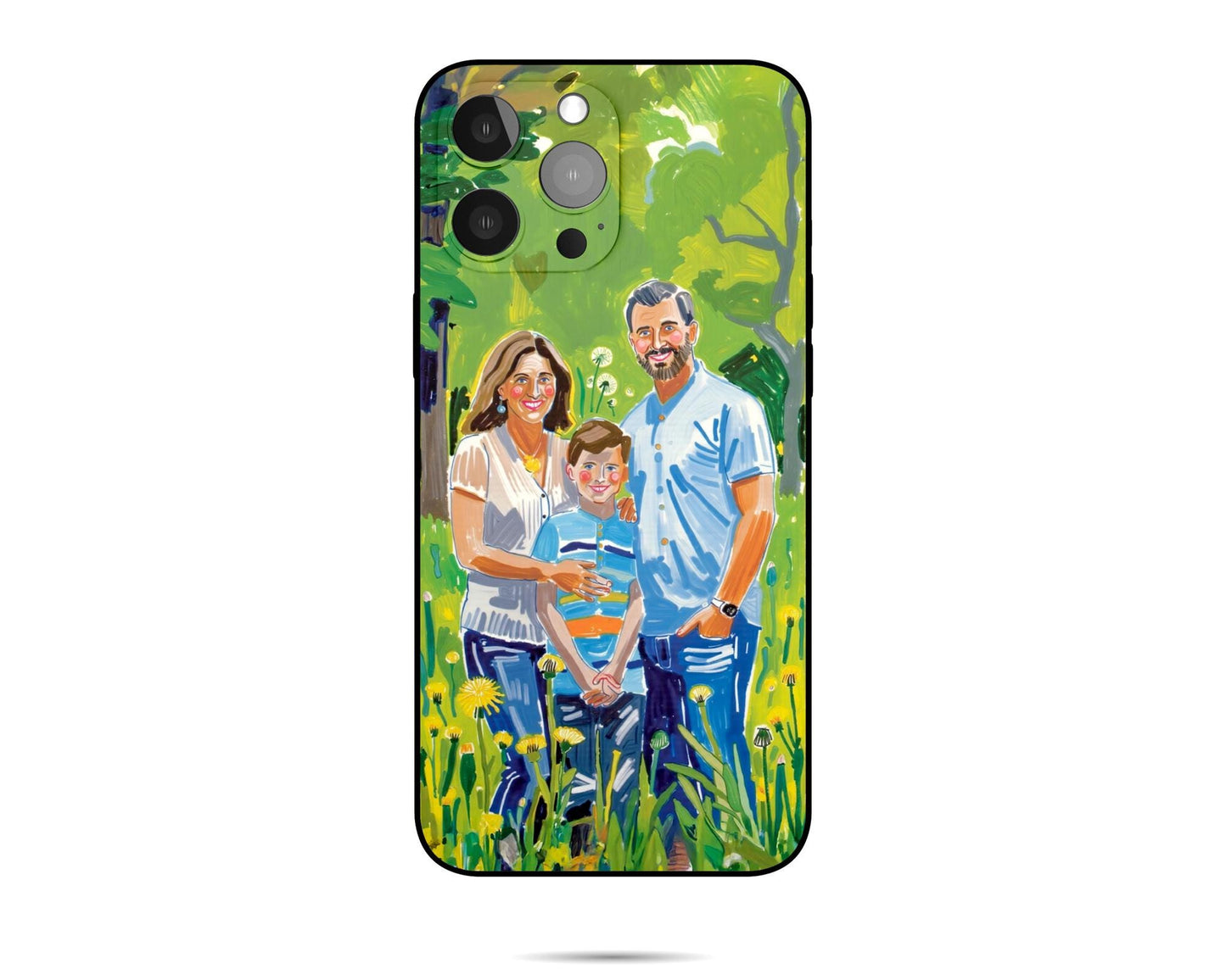 bordered phone case with a hand - painted family in a green outdoor setting. Expressive, colorful style. Central portrait, camera cutout, unique family gift.