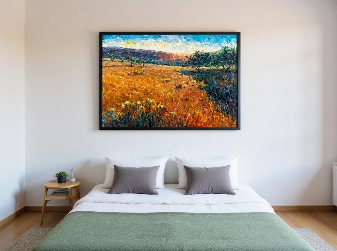 George Miller's 'Tuscany Sunset' infuses rustic warmth into a modern bedroom. Centered above a white bed with sage-green throw and gray pillows, its textured impasto landscape (golden fields, blue sky) mirrors organic accents like potted plants and oak flooring. Recessed lighting highlights brushwork, making art enhance tranquility through earthy hues and cozy textures.