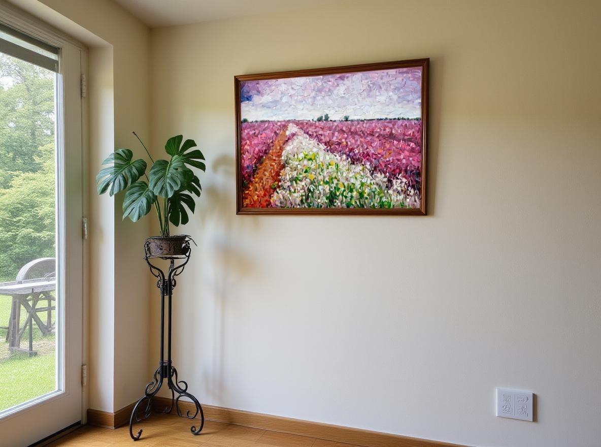 French sunroom end view. The arched chalk wall features a wrought iron plant stand with a 60 cm tall Monstera plant. The painting, identical to the one pictured, is hung on the wall between the glass windows, 130 cm from the floor. The plant is 75% of the painting's height. The wall is 2.2 meters wide, with the painting occupying 54.5% of the painting's surface. The air plant is placed 20 cm from the edge of the painting.