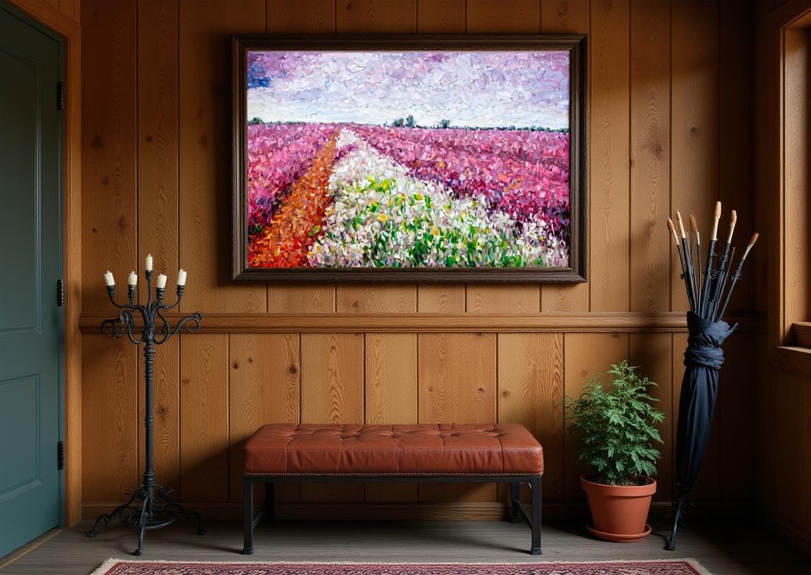 American-style entryway display. Barnwood wall paneling with a leather shoe bench (60cm wide) and a wrought iron umbrella stand (110cm high). The painting is identical to the one in the picture, hung vertically in the center of the view, with the center of the painting 150cm above the ground. The wall is 2 meters wide, and the painting takes up 60% of the space. The terracotta flower pot is 40 cm in diameter.