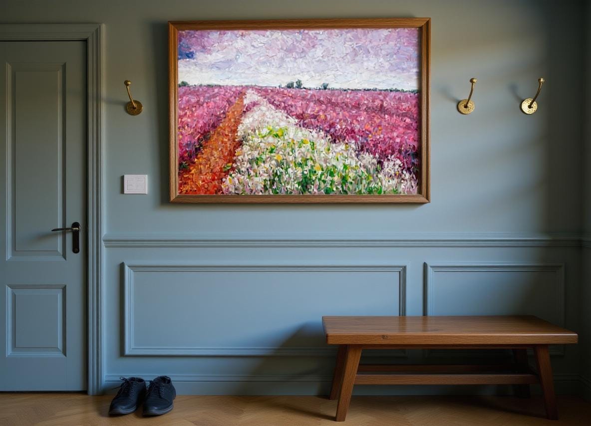 Nordic hallway. Gray-blue wainscoting (110cm high) with an oak shoe bench. The painting is identical to the one in the picture, hung on the feature wall, with the base of the painting 40cm above the benchtop. The wall is 1.6 meters wide, and the painting occupies 75% of the horizontal space. The brass hooks are spaced 30cm apart.