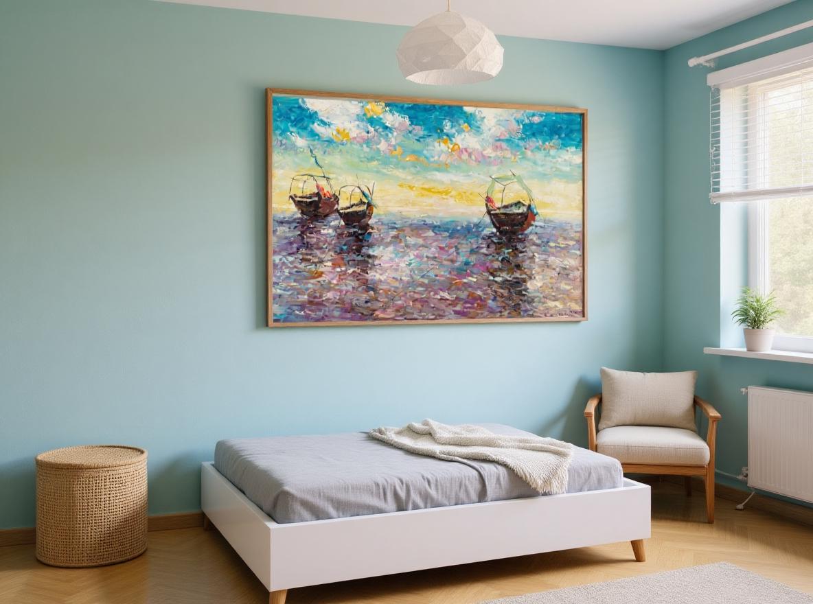 George Miller's original oil painting, "Serene Boats at Sunrise," captures the tranquil beauty of small boats at dawn. The textured art style and vibrant colors create a captivating seascape, showcasing Miller's unique artistic vision.