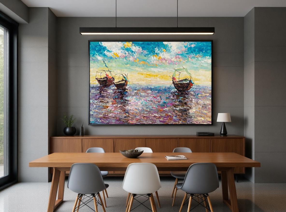 George Miller's "Serene Boats at Sunrise" enhances a minimalist bedroom with its soothing colors. The painting complements the light blue walls, creating a calming atmosphere. The artwork adds a focal point, bringing a touch of nature indoors.