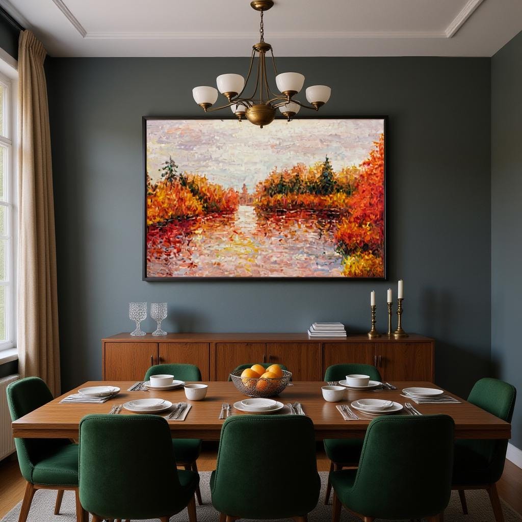 George Miller's "Autumn Reflections" enhances a formal dining room with its rich colors. The painting complements the dark green walls, creating a sophisticated atmosphere. The artwork adds a focal point, bringing a touch of nature indoors.