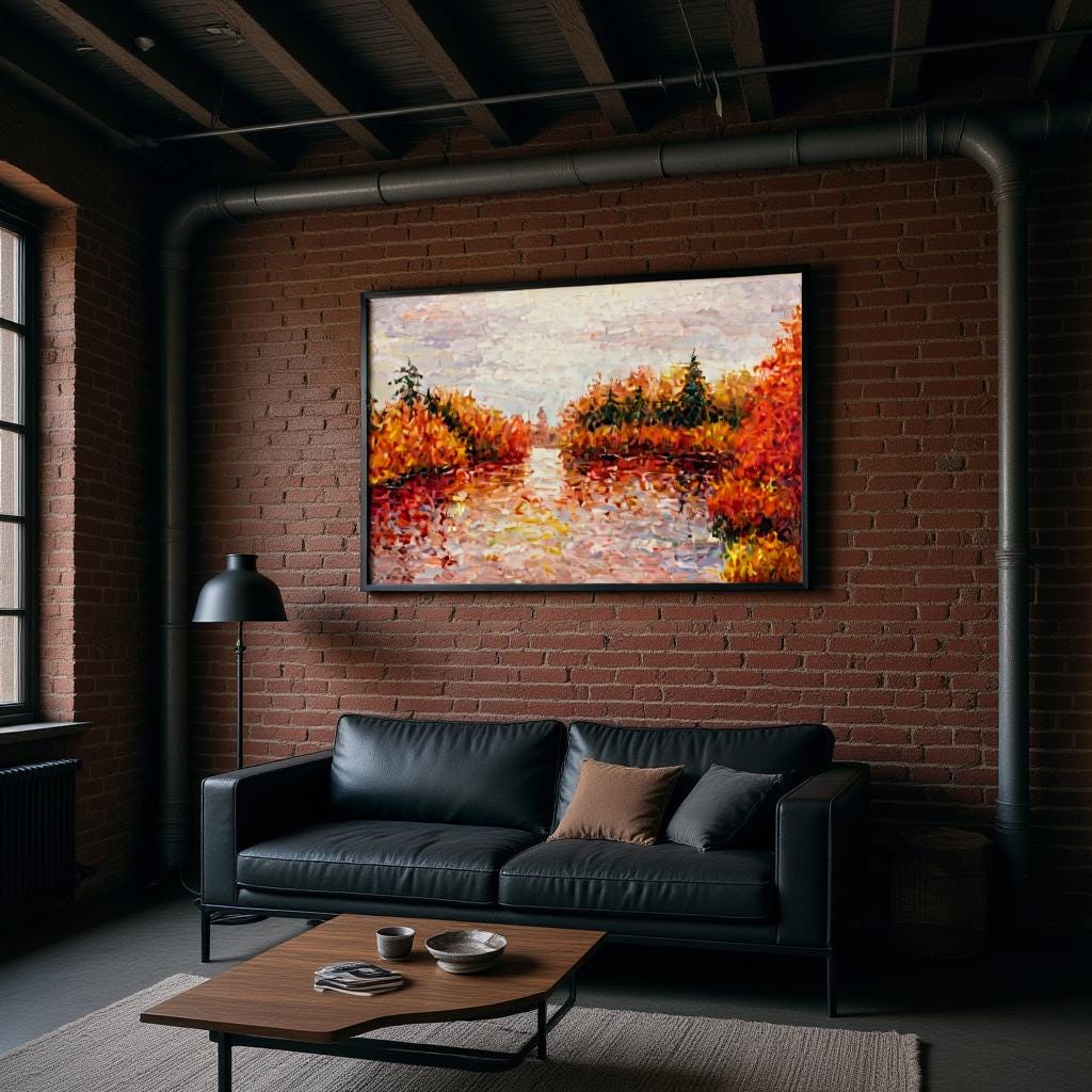 George Miller's "Autumn Reflections" brings a sense of warmth to an industrial living room. The painting's colors complement the exposed brick, creating a cozy and inviting space. The artwork adds a touch of nature, making the space feel more complete.