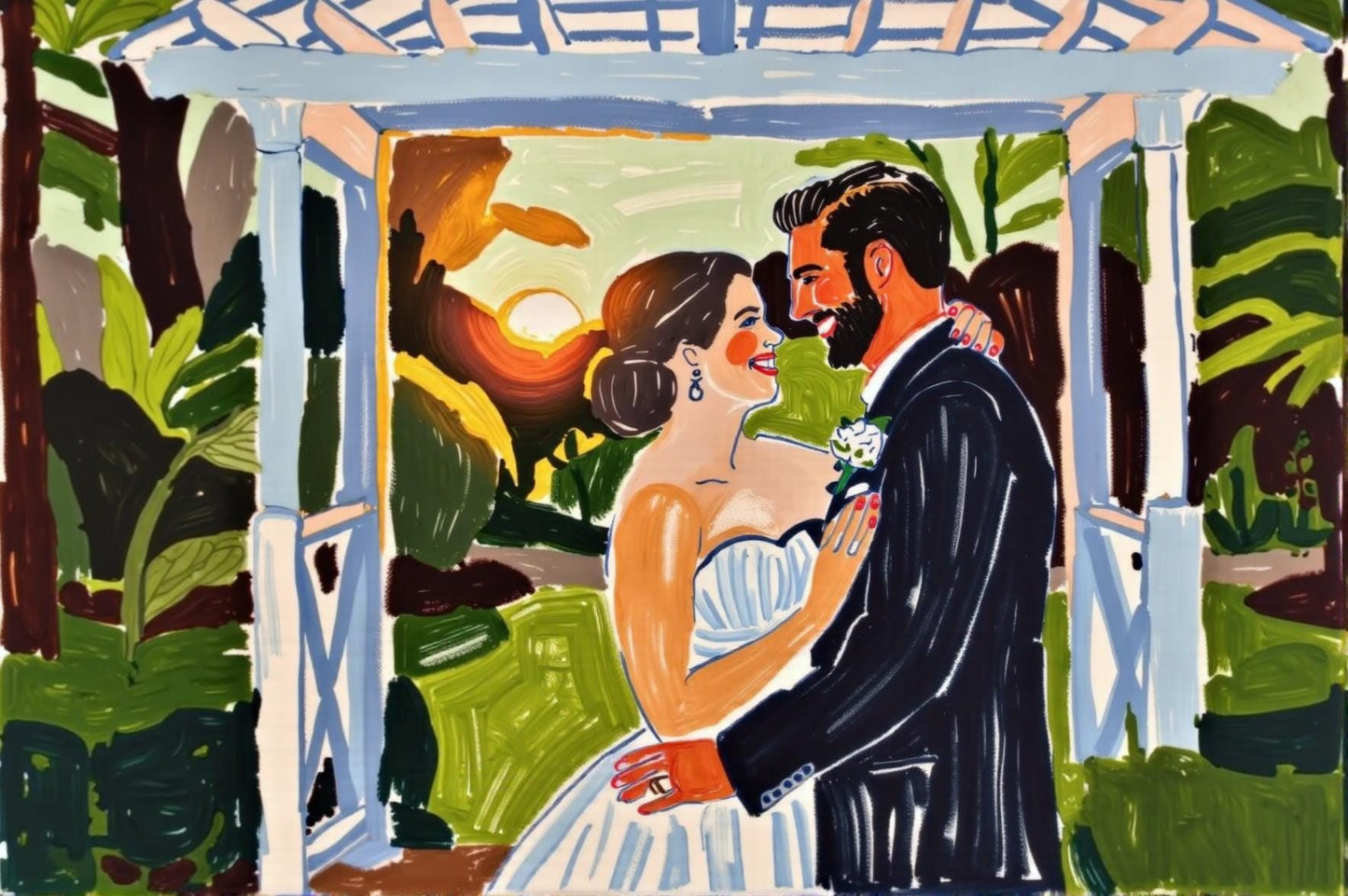 Vibrant digital portrait: Turn your photo into unique art! This custom wedding portrait captures a happy couple in a gazebo at sunset. The artwork features a textured, hand-drawn style with bold lines and colors, creating a romantic and personalized keepsake. One subject.