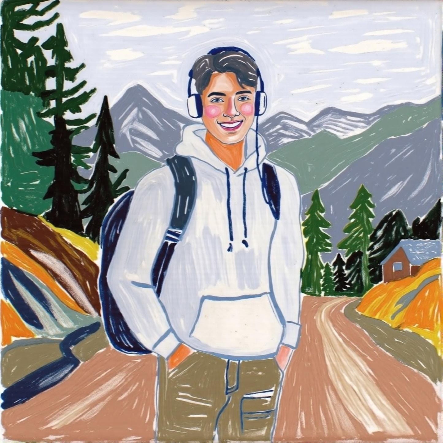 Digital Custom Portrait: A vibrant artwork of a young man with headphones and a backpack, standing on a mountain trail. This personalized portrait captures his adventurous spirit with bold colors and a unique, hand-drawn style. Turn your photo into art! One subject.