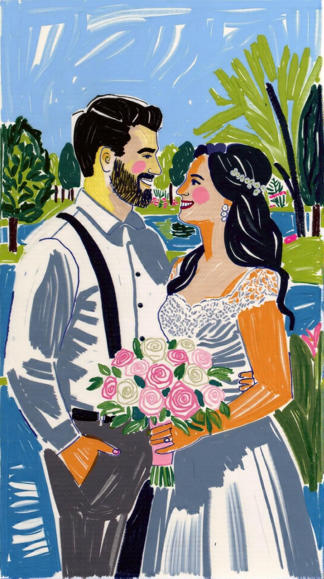 Digital Custom Portrait: A vibrant artwork of a smiling couple embracing. This personalized portrait captures their joyful moment with bold colors and a unique,