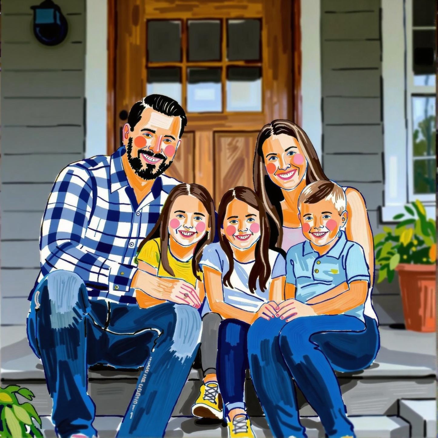 Digital Custom Portrait: A vibrant, personalized artwork of a family of five sitting on their porch. This unique portrait captures their joyful expressions with bold colors and a textured, hand-drawn style. Turn your photo into art! Perfect for a family keepsake. One subject.