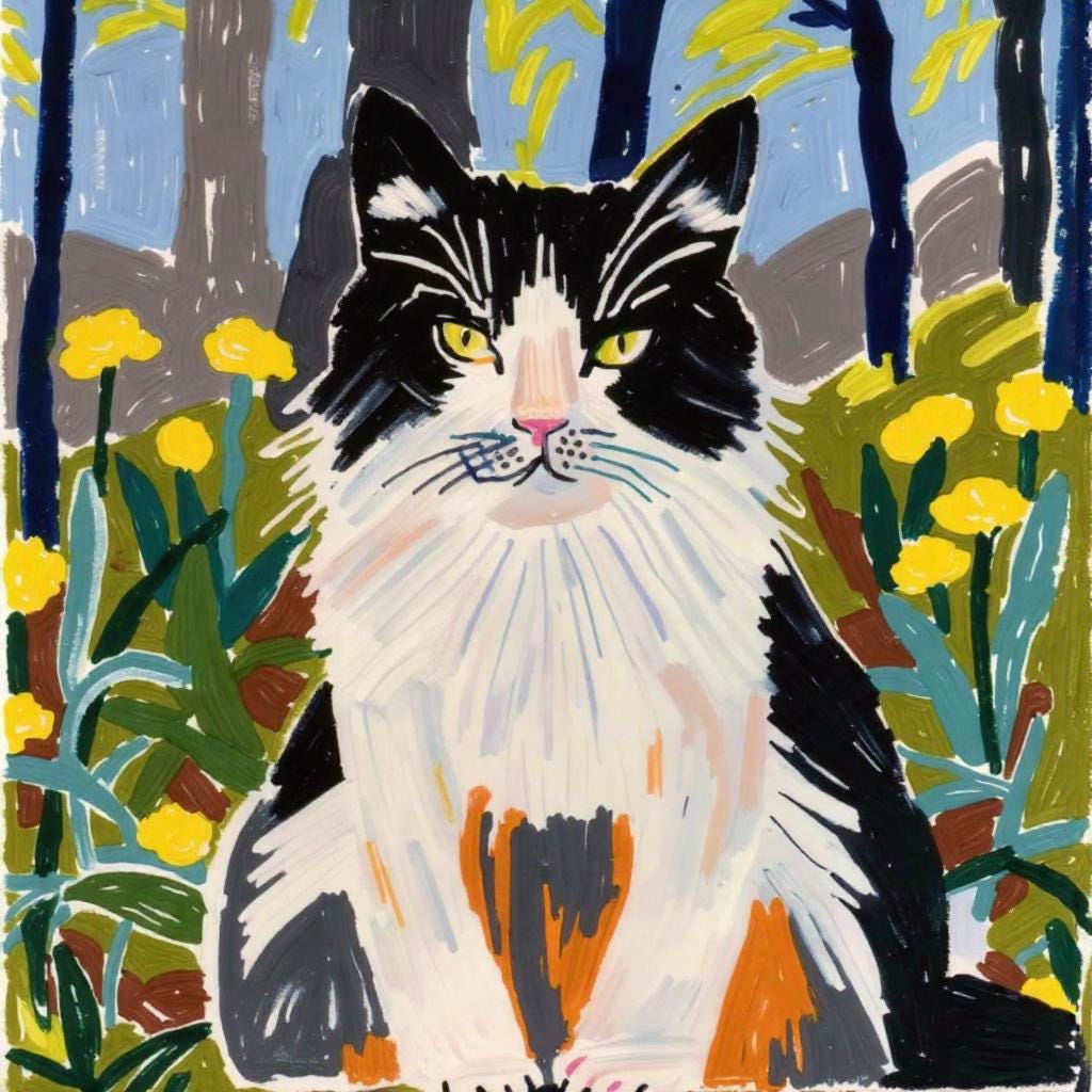 Black and White Cat Portrait: Hand-painted pet portrait of a black and white cat amidst flowers and trees. Vibrant colors and unique brushstrokes create a lively keepsake.