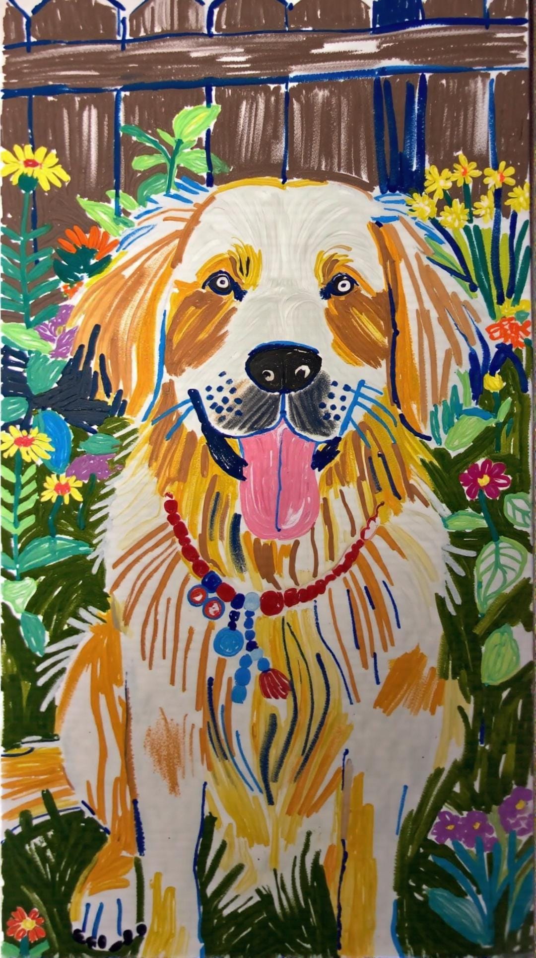 Golden Retriever Portrait: Colorful, hand-painted portrait of a Golden Retriever wearing a beaded necklace, surrounded by vibrant flowers. A unique, artistic way to express love for your pet.