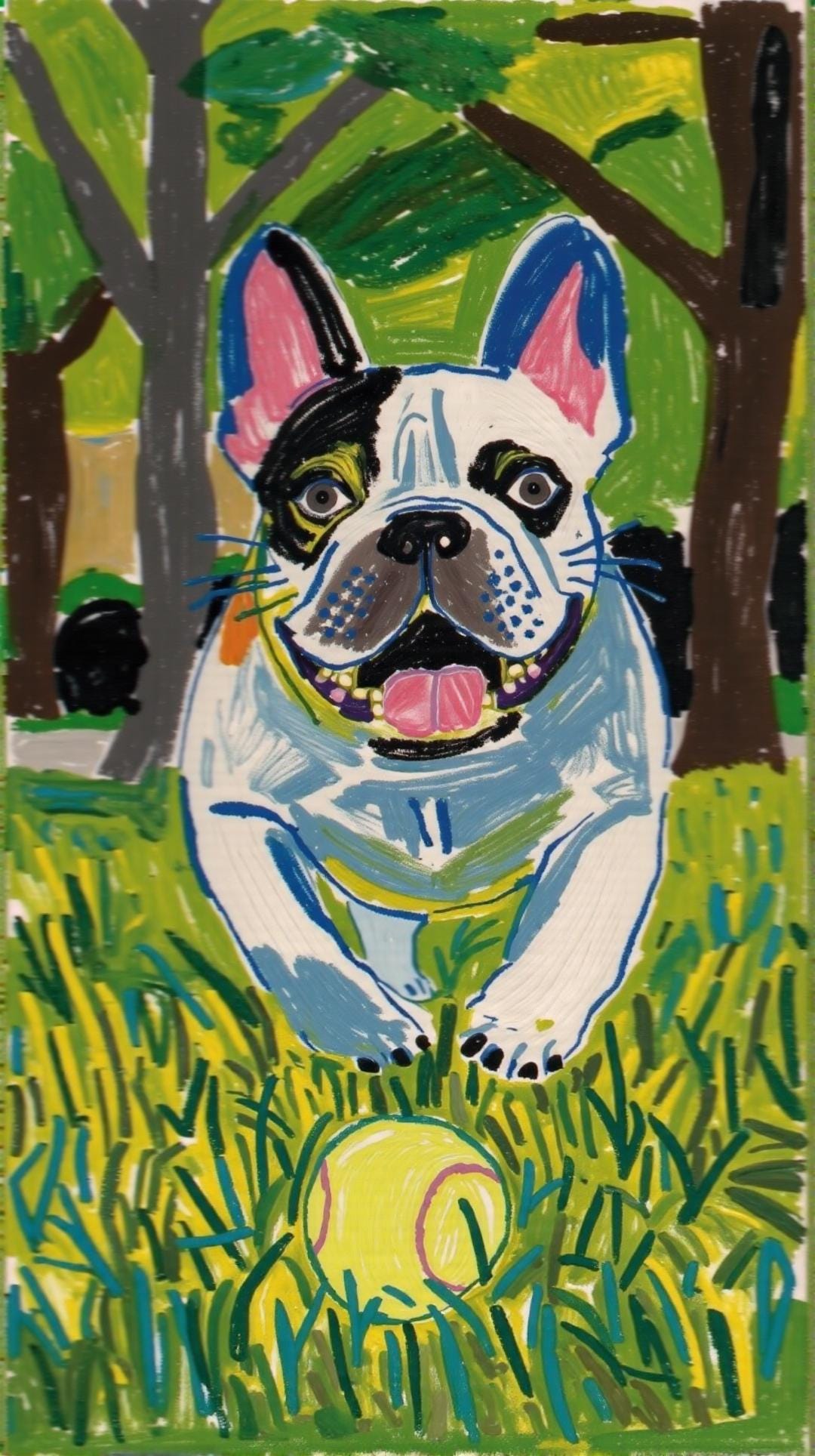 Bulldog Portrait: Dynamic, hand-painted portrait of a Bulldog playing on the grass with a tennis ball. Bright colors and lively pose capture the pet's playful spirit.