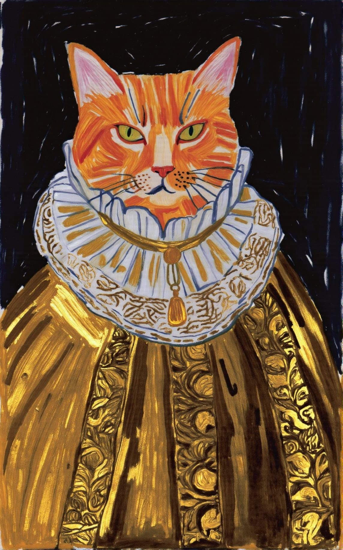 Ginger Cat Portrait: Ornate, hand-painted portrait of a ginger cat in a regal gown. Rich colors and a unique artistic style make this a personalized decor piece.