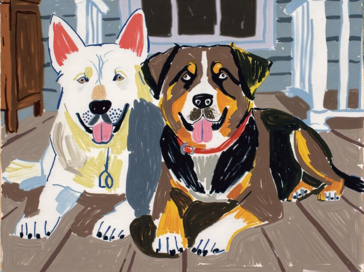 Two Dogs Portrait: Custom digital art of two dogs lying on a porch, showcasing a vibrant, hand-painted style. A perfect personalized pet portrait gift. Includes 2 pets!