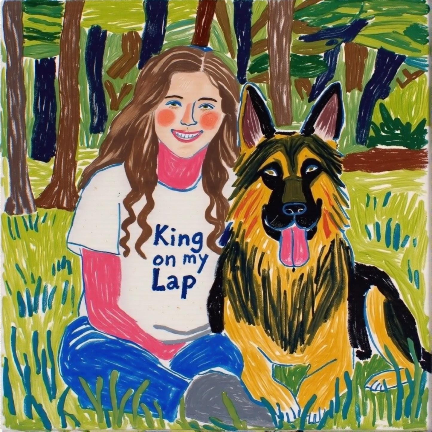 Girl and German Shepherd Portrait: Custom digital art of a girl with her German Shepherd, showcasing a vibrant, hand-painted style. A perfect personalized pet portrait gift. Includes 2 pets!