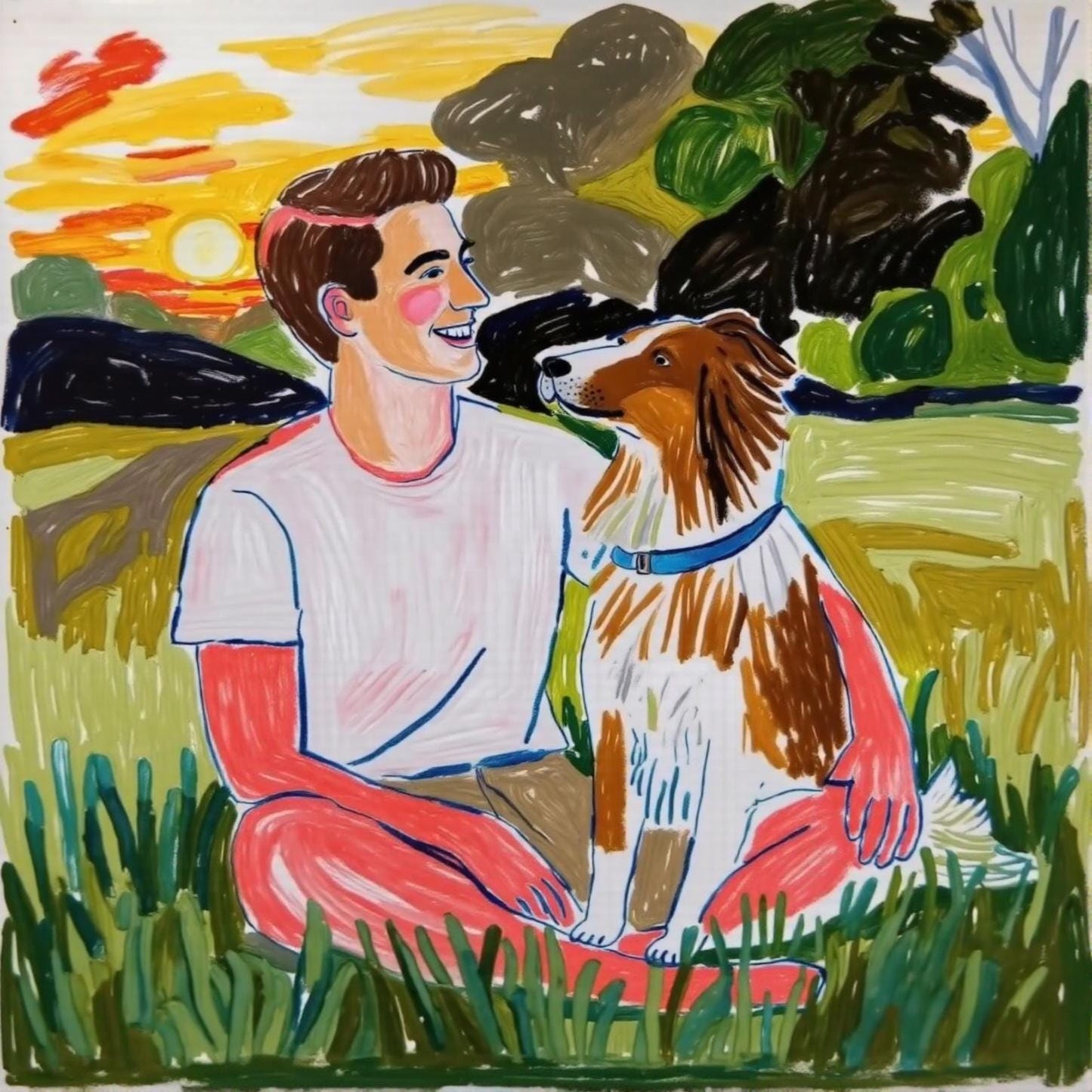 Man and Dog Portrait: Custom digital art featuring a man and his dog in a vibrant, hand-painted style. A unique, personalized pet portrait, perfect as a gift or keepsake. Includes 2 pets!