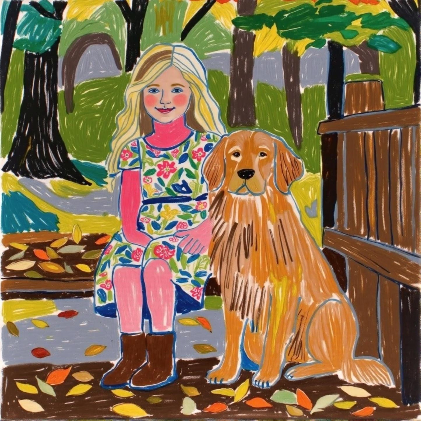 Girl and Golden Retriever Portrait: Custom digital art of a girl with her Golden Retriever, showcasing a vibrant, hand-painted style. A perfect personalized pet portrait gift. Includes 2 pets!
