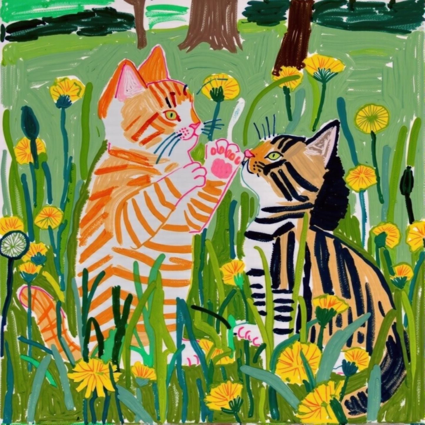Two Cats Portrait: Personalized pet portrait of two cats playing in a field of flowers. This custom digital art captures the unique bond between your pets. Vibrant and free revision included!