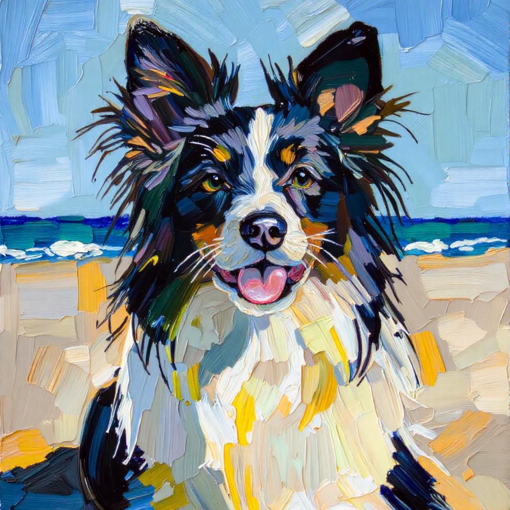 A custom impasto pet portrait of a Border Collie on a beach, rendered in a textured digital oil style with vibrant blues, yellows, and whites.