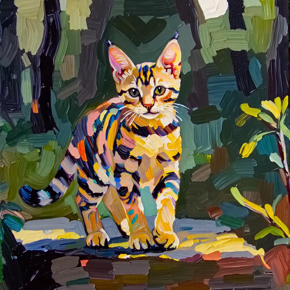 A custom impasto pet portrait of a colorful lynx cat standing on a wooden surface, rendered in a textured digital oil style with vibrant blues, yellows, and greens.