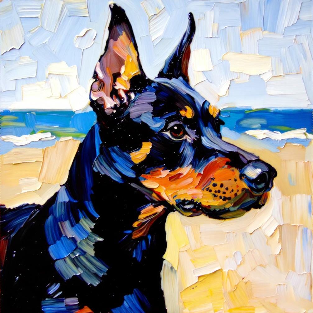 A custom impasto pet portrait of a Doberman Pinscher on a beach, rendered in a textured digital oil style with vibrant blues, yellows, and blacks.
