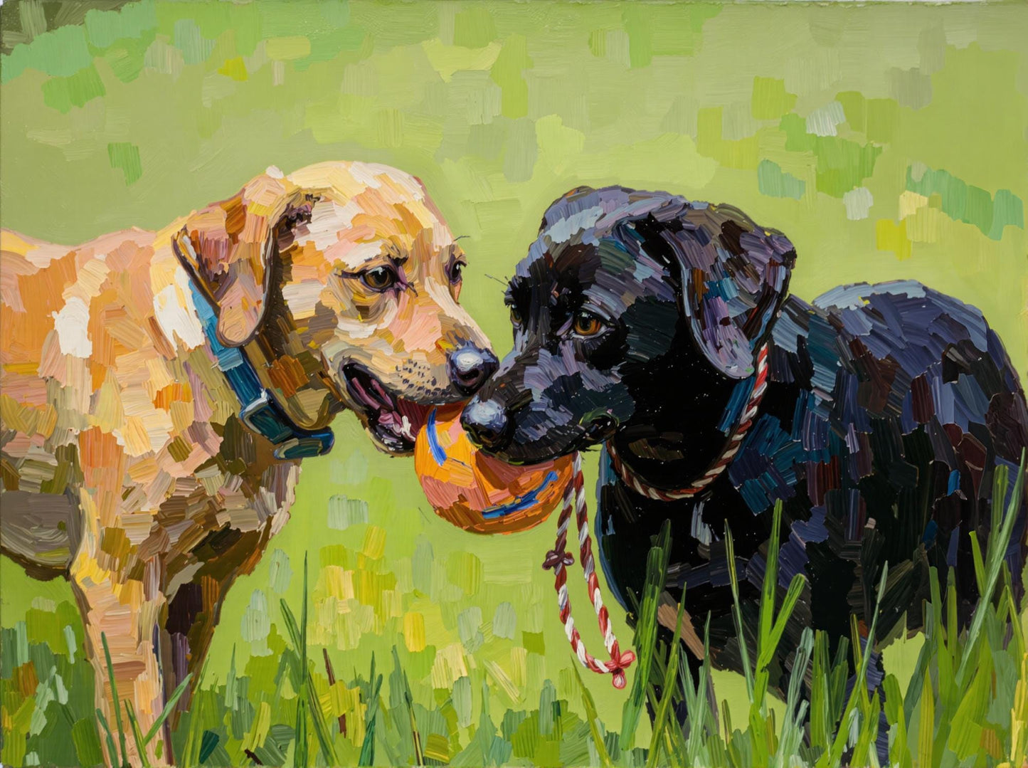 Two Dogs with Ball: Vibrant impasto oil style digital art of two dogs playing with a ball. Custom pet portrait, capturing playful moments. Includes 2 pets!