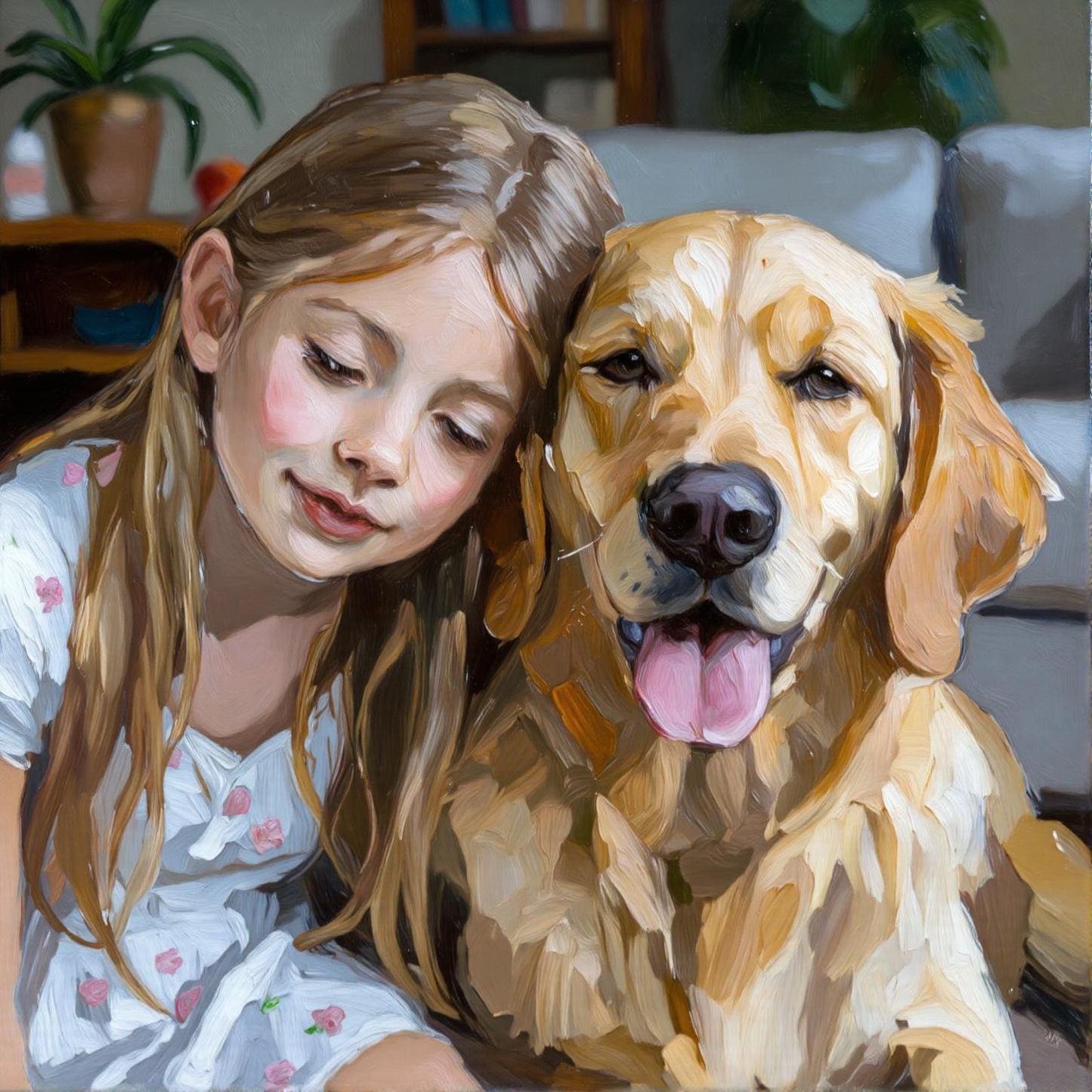 Girl and Golden Retriever: Custom pet portrait in a vibrant impasto oil style, featuring a girl and her Golden Retriever. Handcrafted digital art, perfect as a keepsake. 1 Pet + 1 Human!