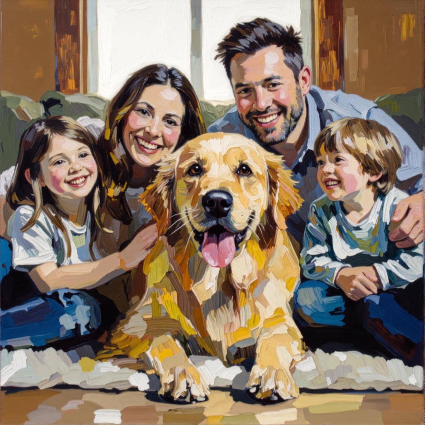 Family and Golden Retriever: Handcrafted digital cat portrait of a family with their Golden Retriever in vibrant impasto oil style. Custom digital art for the whole family!