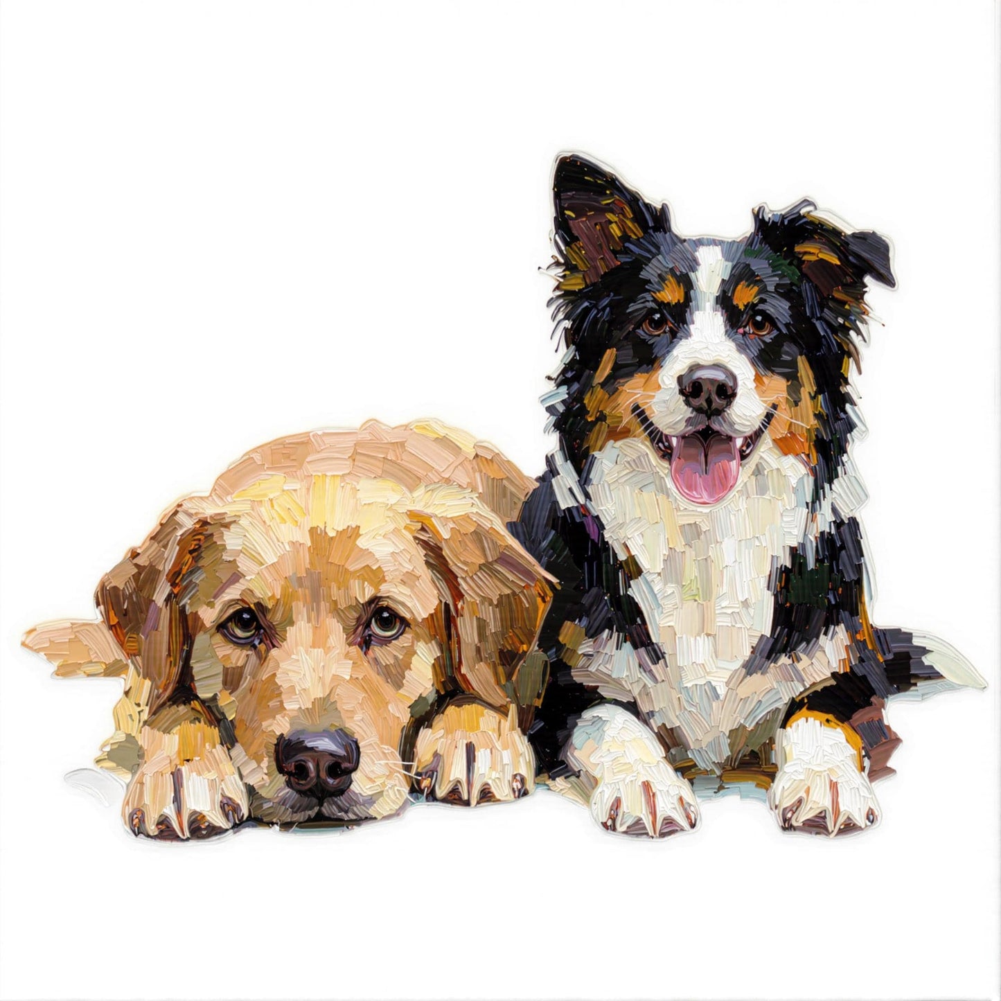 Two Dogs Lying Down: Vibrant impasto oil style digital art of two dogs lying down. Custom pet portrait, capturing their unique bond. Includes 2 pets!