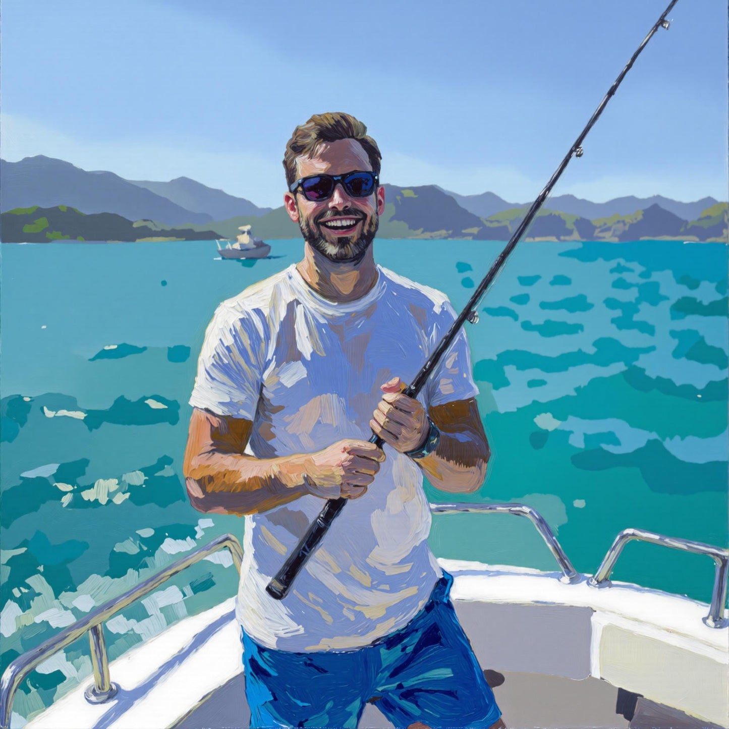 Man Fishing Portrait: Personalized oil painting style portrait of a man fishing on a boat. Thick brush digital art from photo, a unique custom gift. Transform photo to oil portrait!