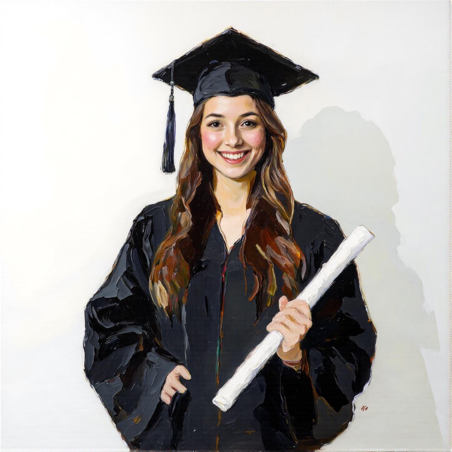 Graduate Portrait: Thick brush digital art portrait of a graduate in cap and gown. Personalized oil painting style, a custom gift for home decor. Transform photo to oil portrait!