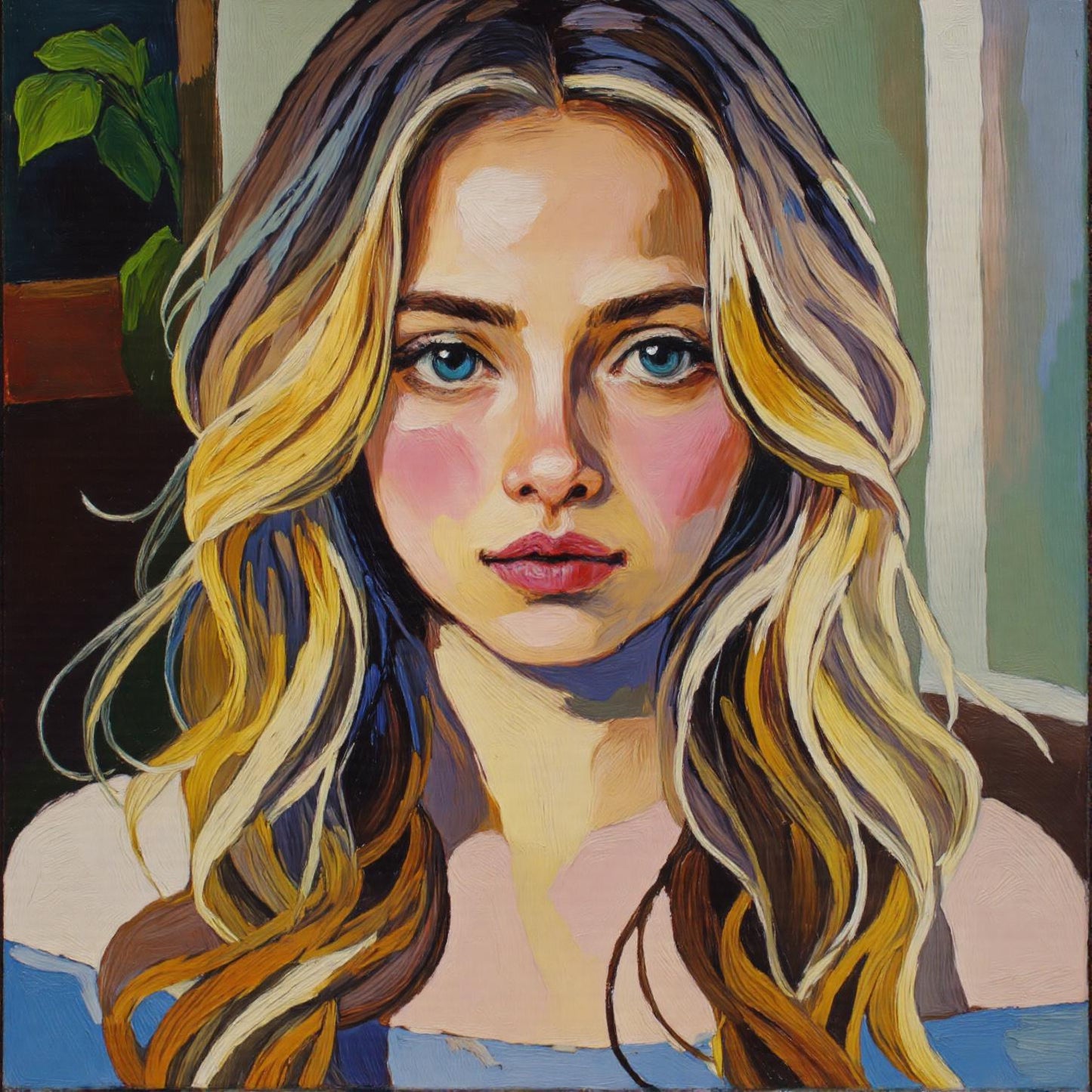 Blonde Woman Portrait: Thick brush digital art portrait of a blonde woman with blue eyes. Personalized oil painting style, a custom gift for home decor. Transform photo to oil portrait!