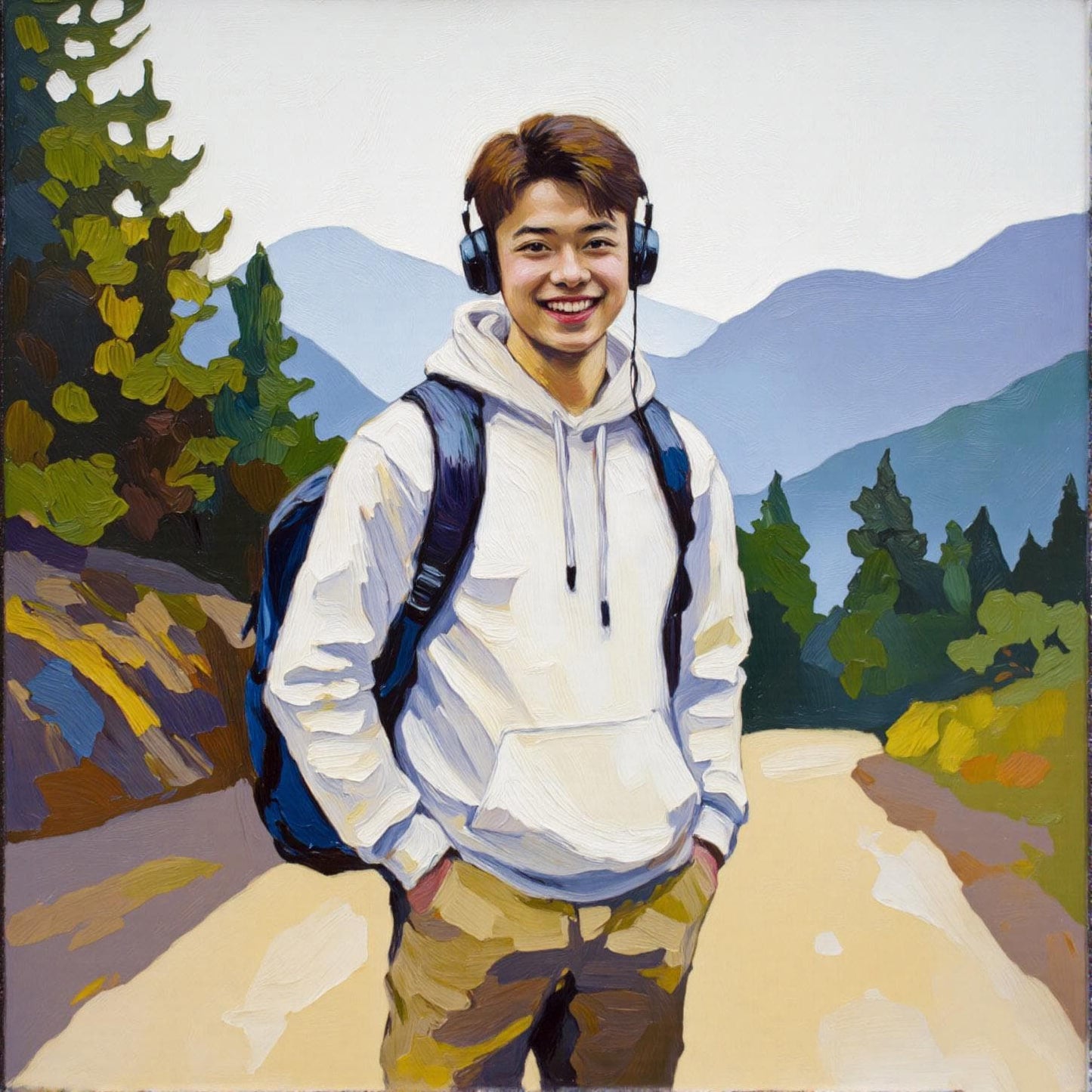 Man Hiking Portrait: Personalized oil painting style portrait of a man hiking with headphones and a backpack. Thick brush digital art from photo, a unique custom gift. Transform photo to oil portrait!
