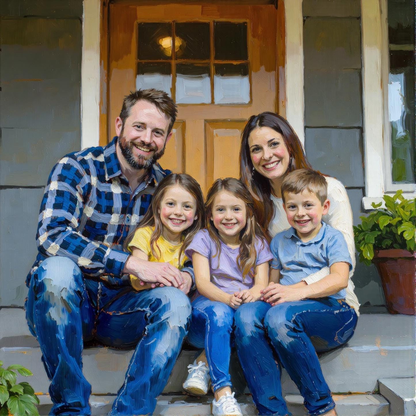Family Portrait on Porch: Digital impasto oil painting of a family on their porch. Custom wedding portrait style, a unique anniversary gift. Fast 1-day delivery available!