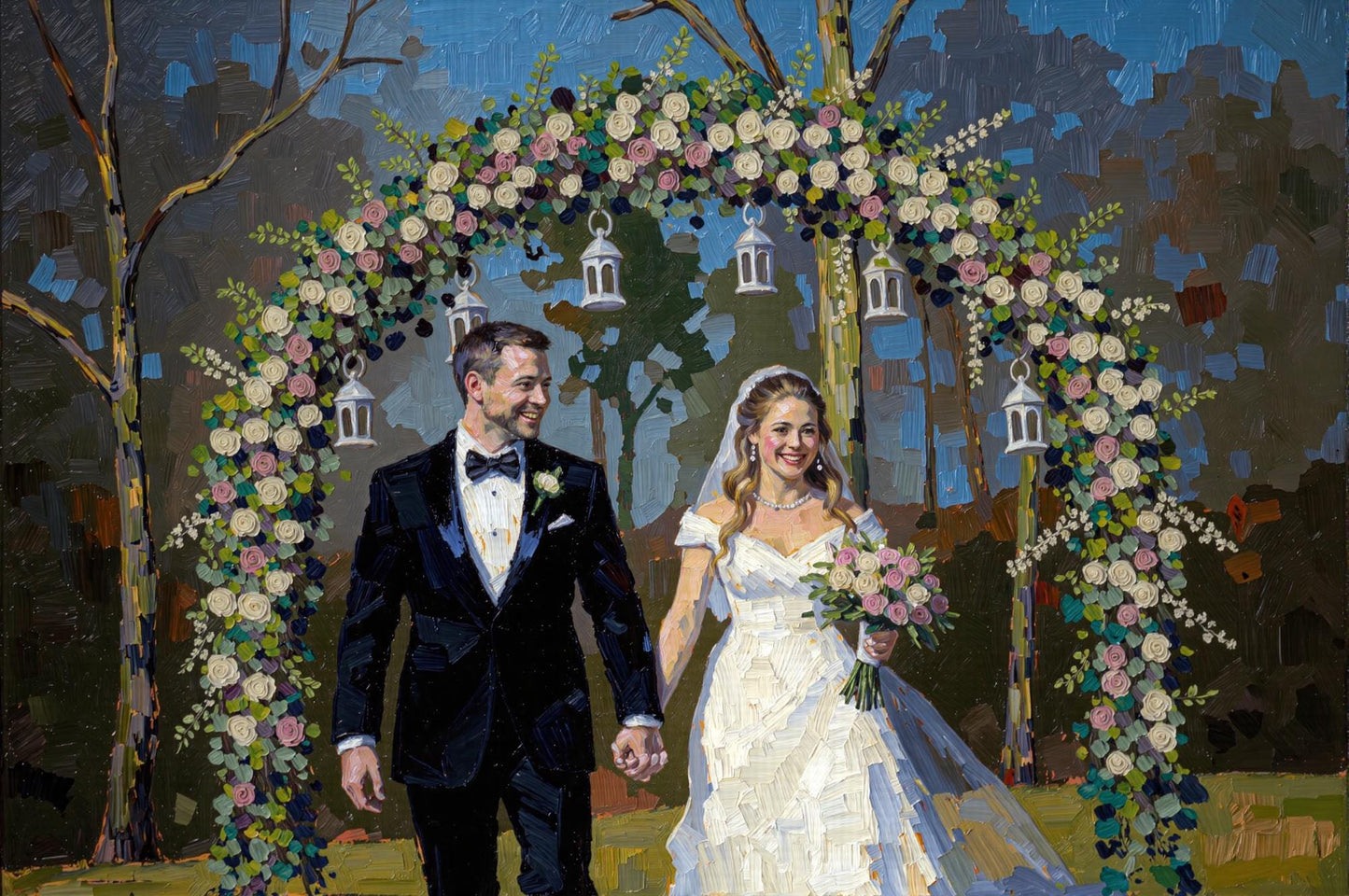 Wedding Couple Under Arch: Custom wedding portrait in digital impasto oil style. A couple walking under a floral arch, a unique anniversary gift. Fast 1-day delivery! 2 People.