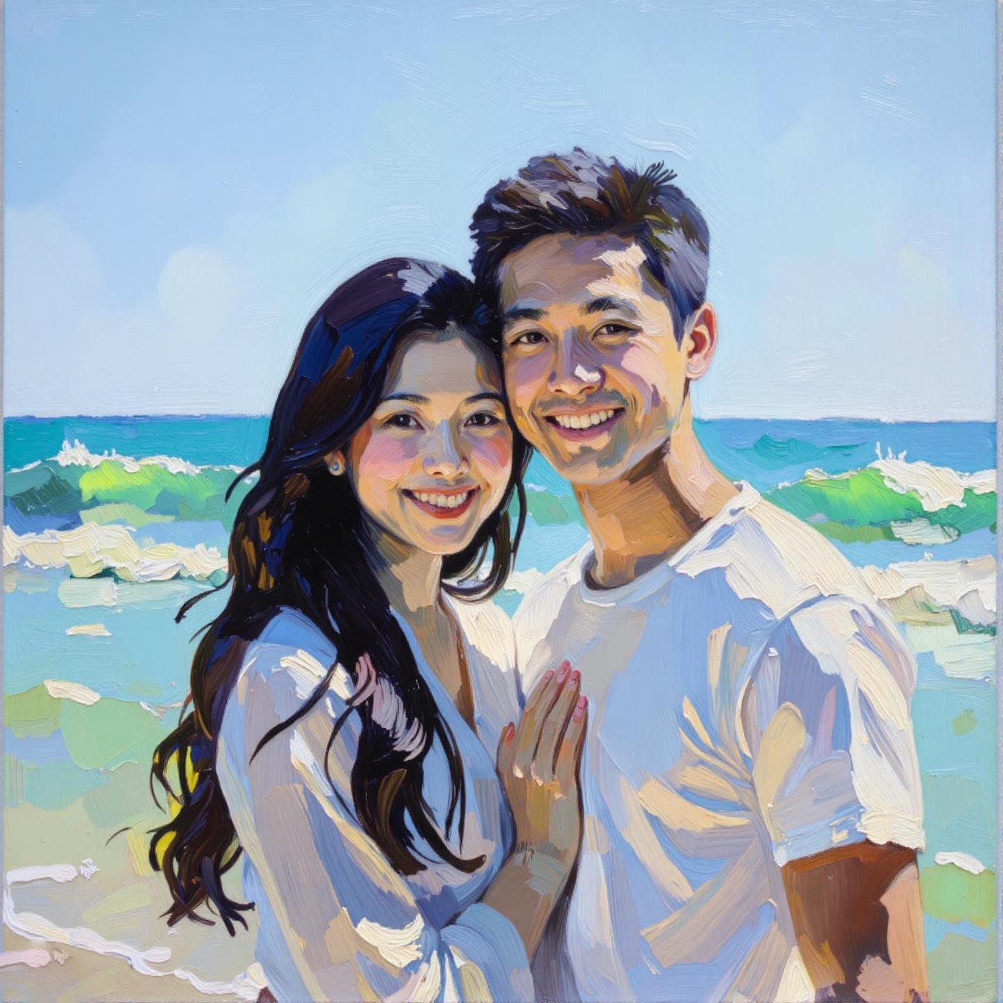 Couple on Beach Portrait: Digital impasto oil painting of a couple on a beach. Custom wedding portrait style, a unique anniversary gift. Fast 1-day delivery available!