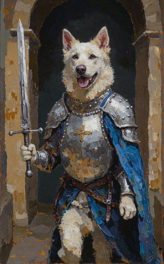 A whimsical pet portrait of a white dog dressed as a knight in shining armor, holding a sword, painted in a thick oil style with textured brushstrokes.
