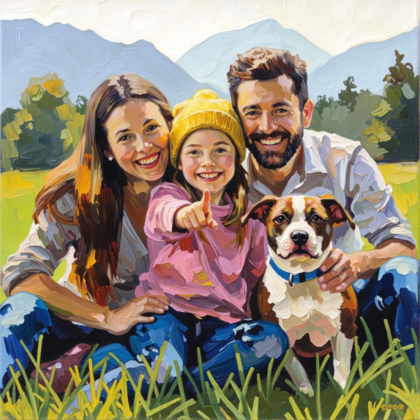 Family with Dog Portrait: Vibrant impasto style digital painting of a family with their dog. Custom family portrait, up to 3 people/pets. High-res personalized art!