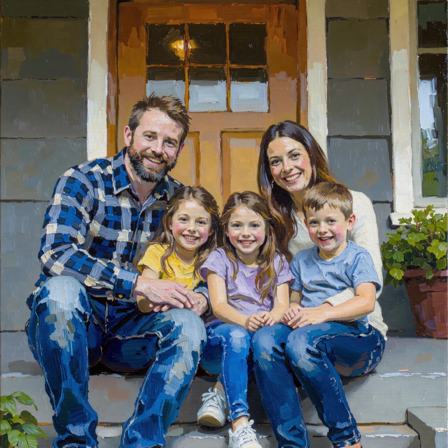 Family on Porch Portrait: Custom family portrait in vibrant impasto style. Family with three kids on their porch. More than 3 people/pets. High-res digital painting!